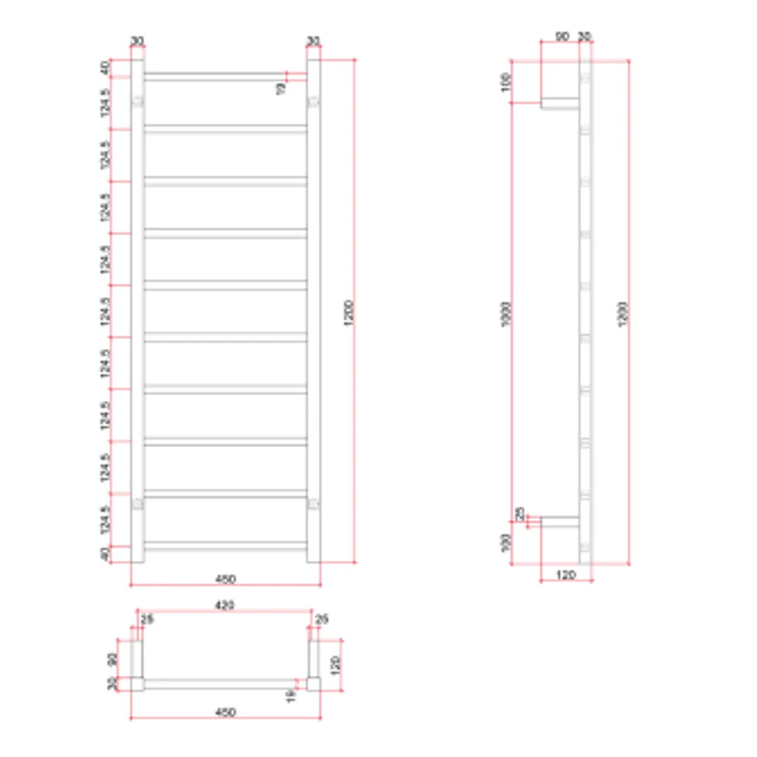 Thermorail Straight/Square 450x1200x120mm 89Watts 10 Bars - Image 3