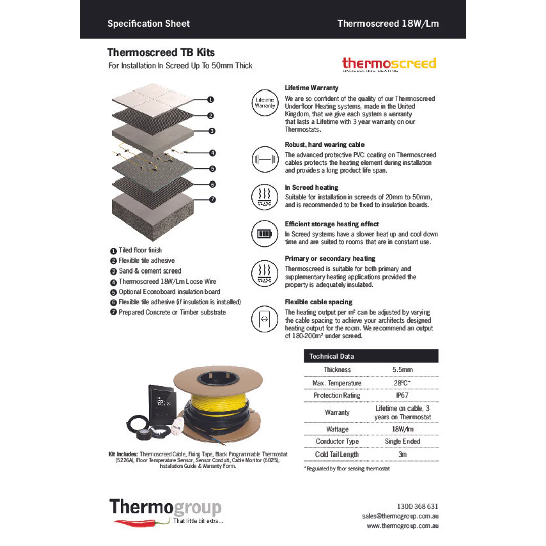 Thermoscreed In Screed 18W/Lm Heating Cable Kit & Black 5226A Thermostat