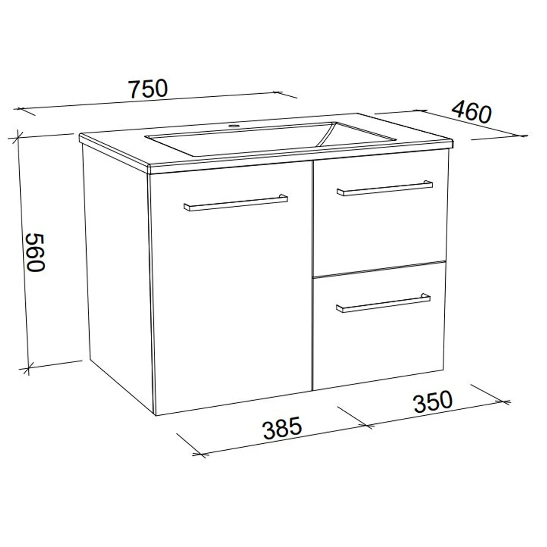 Timberline Carlo Wall Hung Vanity 750mm Regal Top White Gloss - Image 4