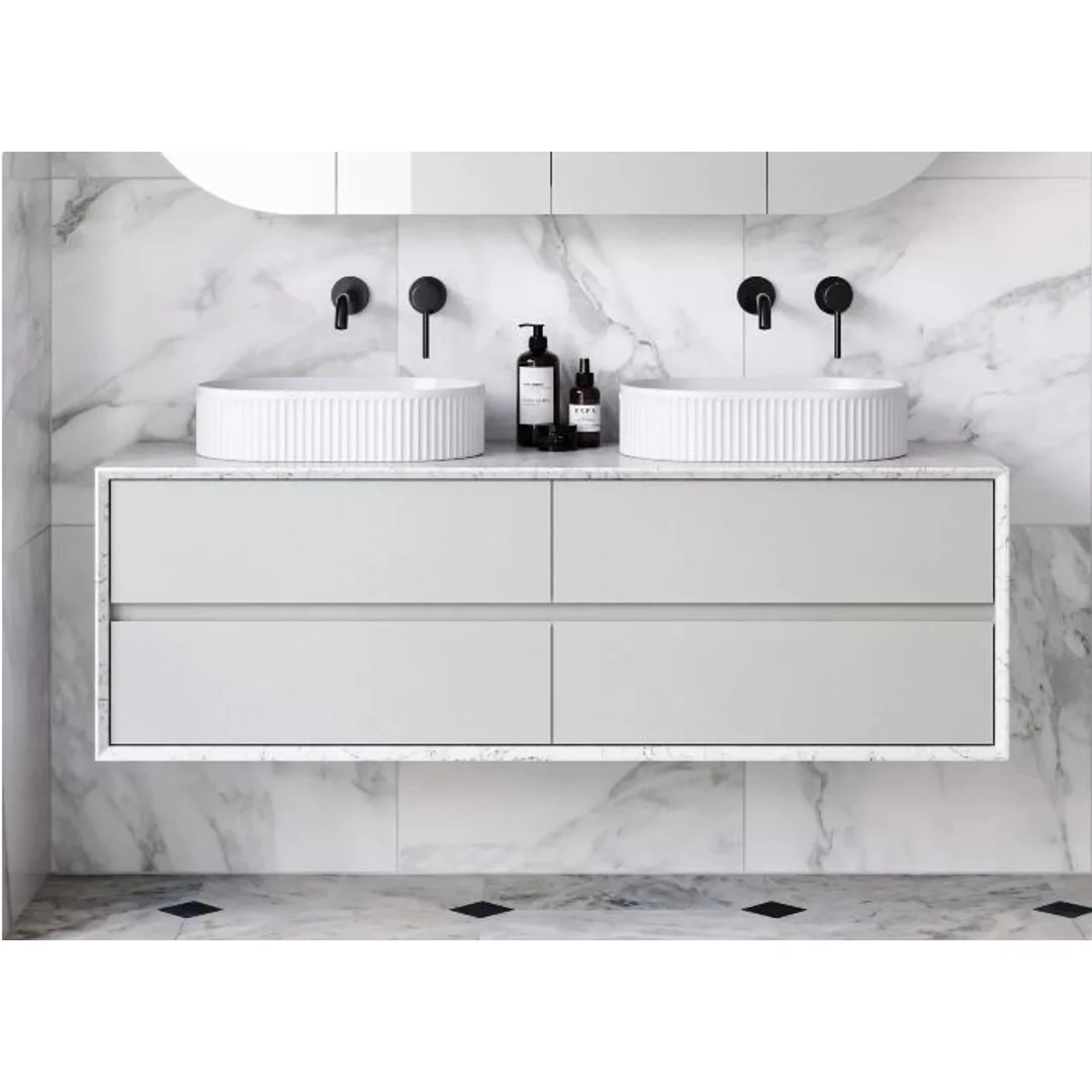 TIMBERLINE EMBRACE VANITY 600MM CENTRE BOWL SILKSURFACE SURROUND WG AC TOP WALL HUNG
