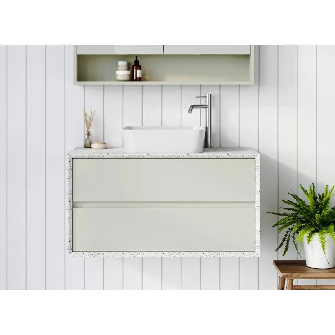 TIMBERLINE EMBRACE VANITY 900MM CENTRE BOWL SILKSURFACE SURROUND WG AC TOP WALL HUNG