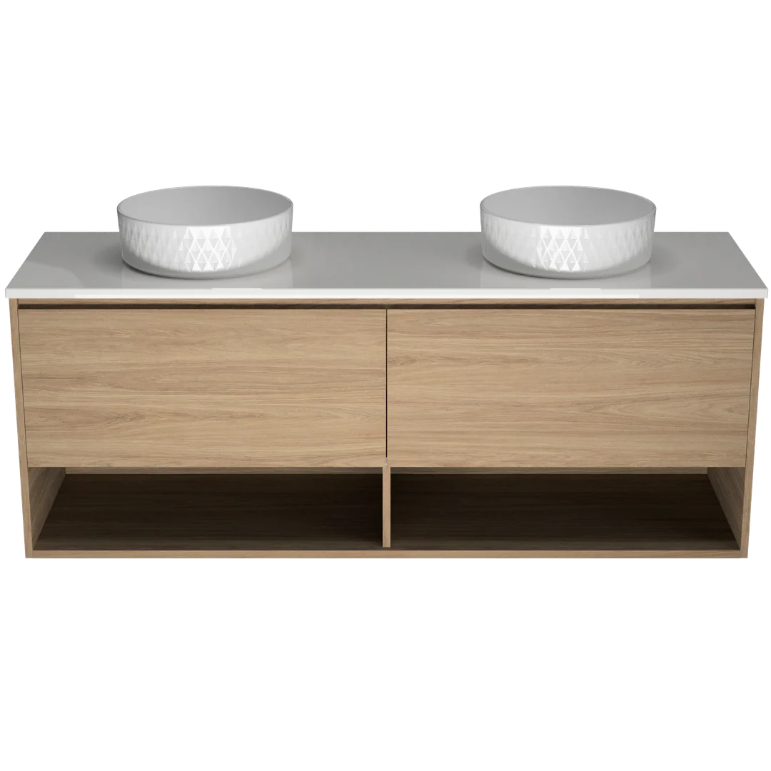 TIMBERLINE KANSAS VANITY 1500MM DOUBLE WG BASINS SILKSURFACE AC TOP WALL HUNG