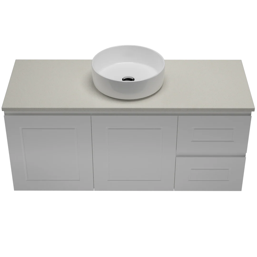Timberline Nevada Classic Vanty 1200 20mm Silk Surf Top & Ceramc A/Countr Basn Wall Hng