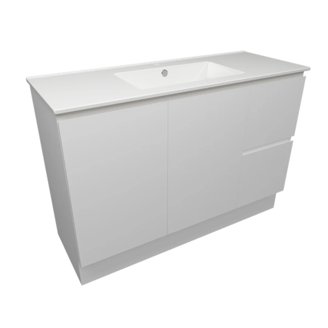 Timberline Nevada Q/Ship Vanity 1200mm White Satin Centre Bowl 1 Tap Hole Alpha Top Floor Stand - Image 2