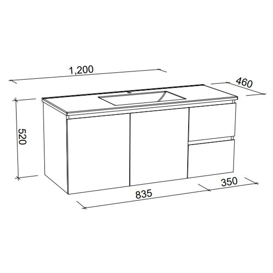 Timberline Nevada Wall Hung Vanity 1200mm Silksurface Top and Undercounter Basin - Image 4