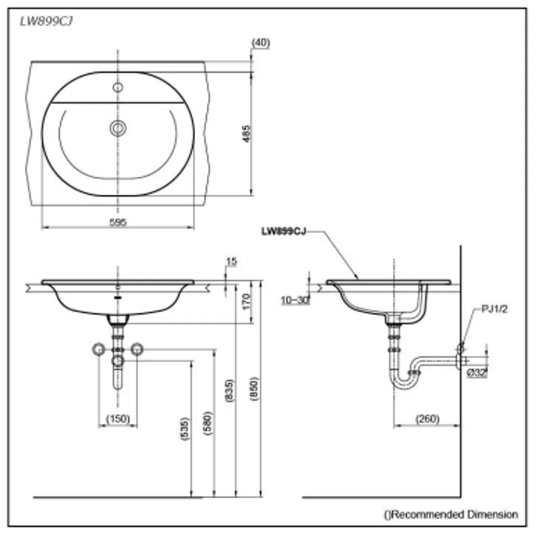 TOTO Self-Rimming Lavatory 595W X 485D 1 Tap Hole LW899CJ - Image 2
