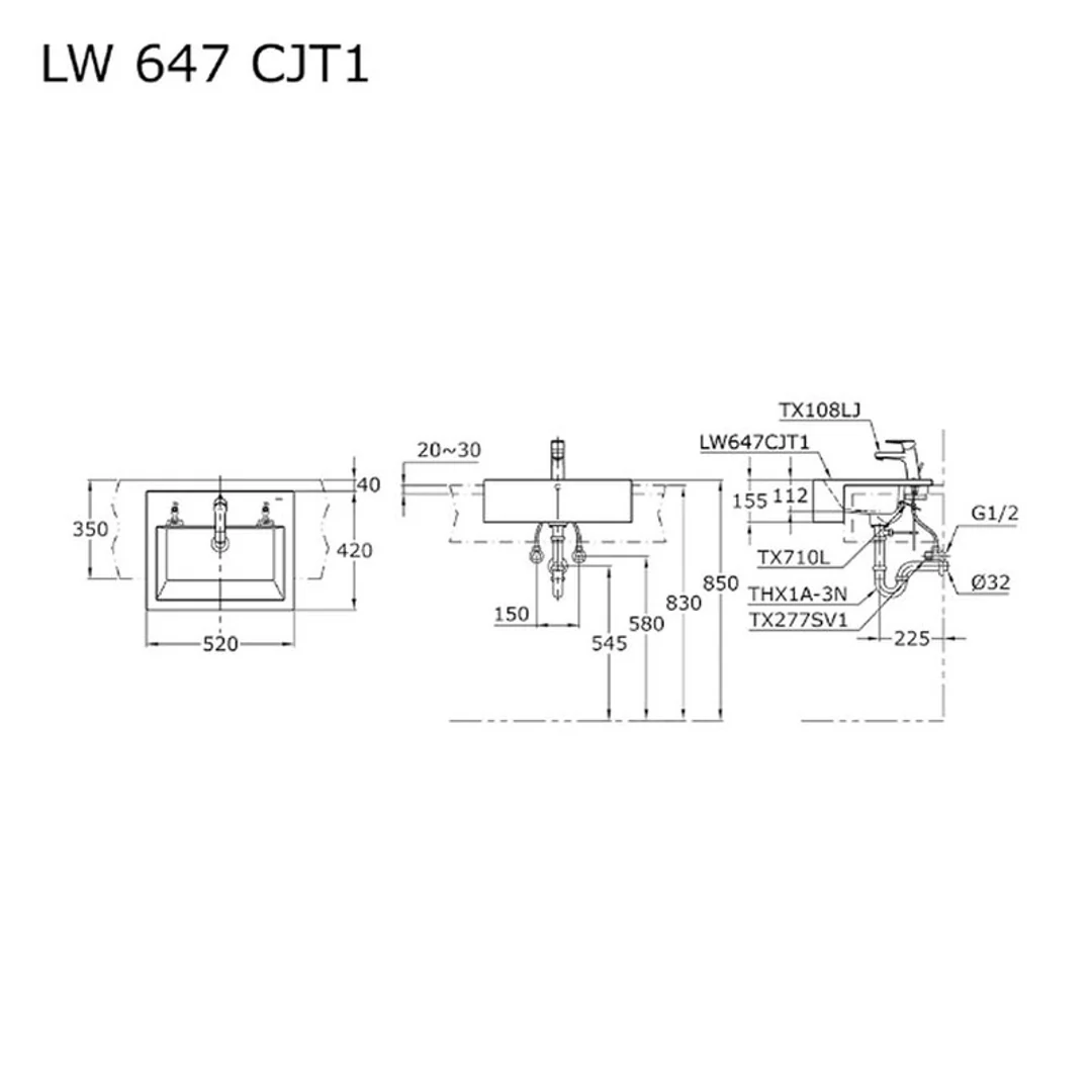 TOTO Semi Recessed Lavatory 520W X 420D LW647CJW/F#W - Image 2
