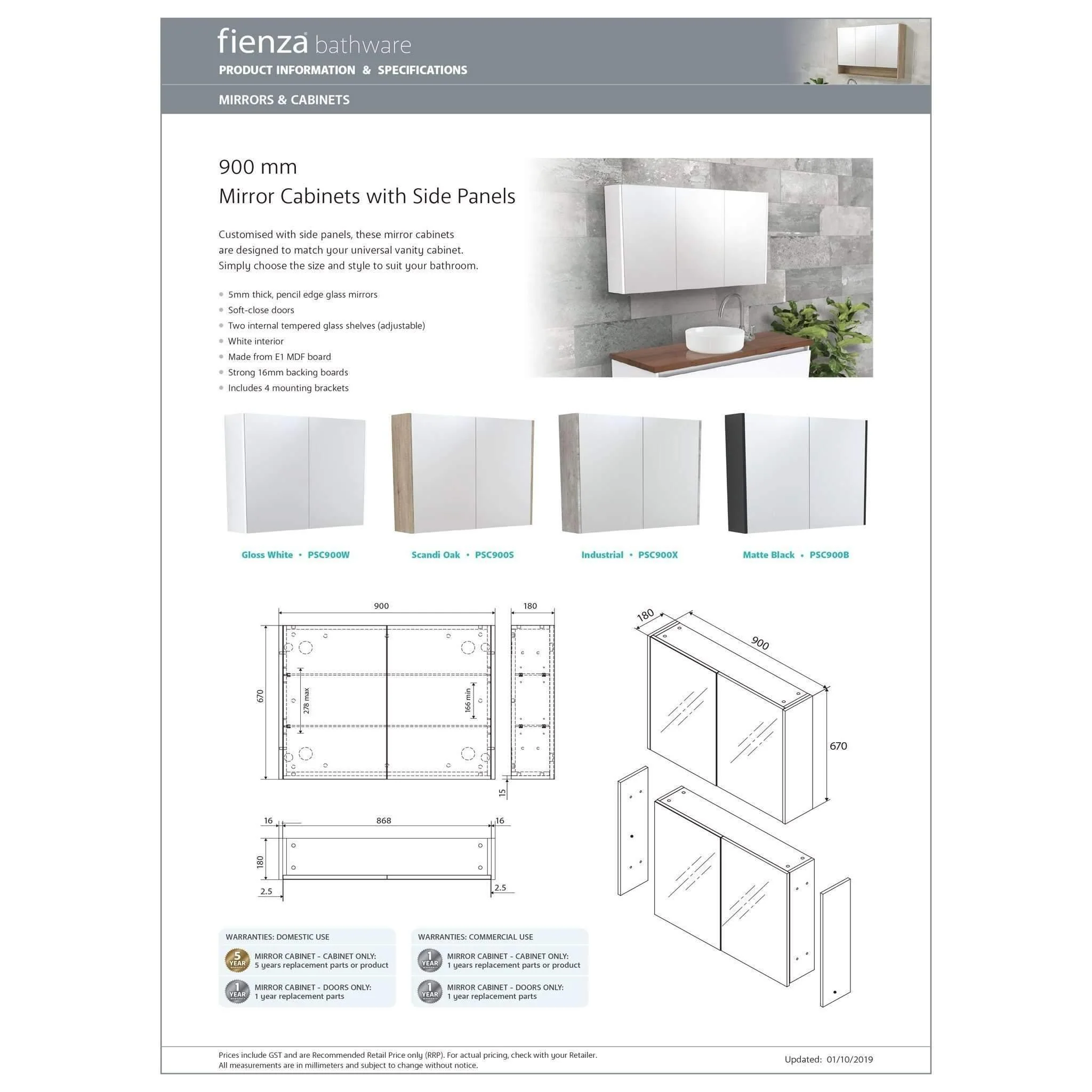 Uni Mirror Cabinet 900mm Gloss White Side Panels - Image 5