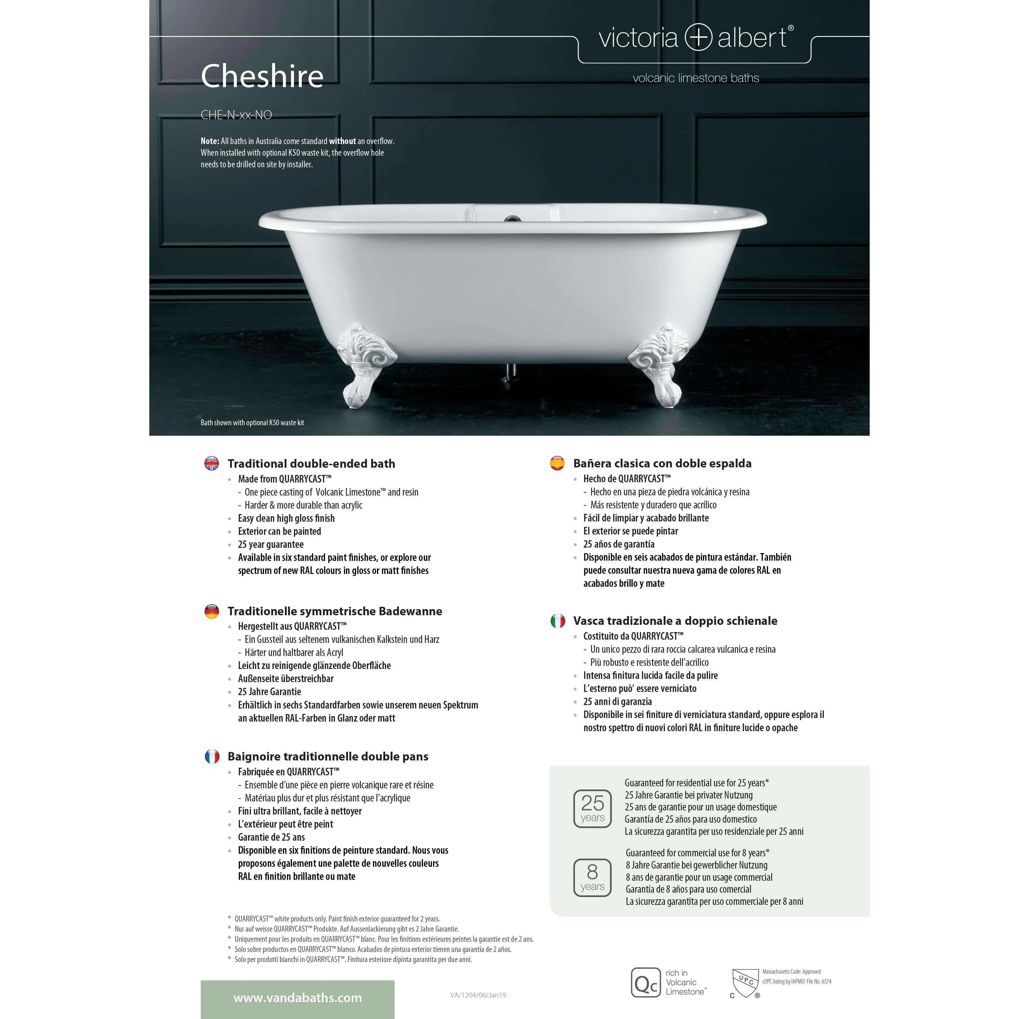 V+A Cheshire Freestanding Bath Adjustable White Metal Ball & Claw Feet 1744mm - Image 5
