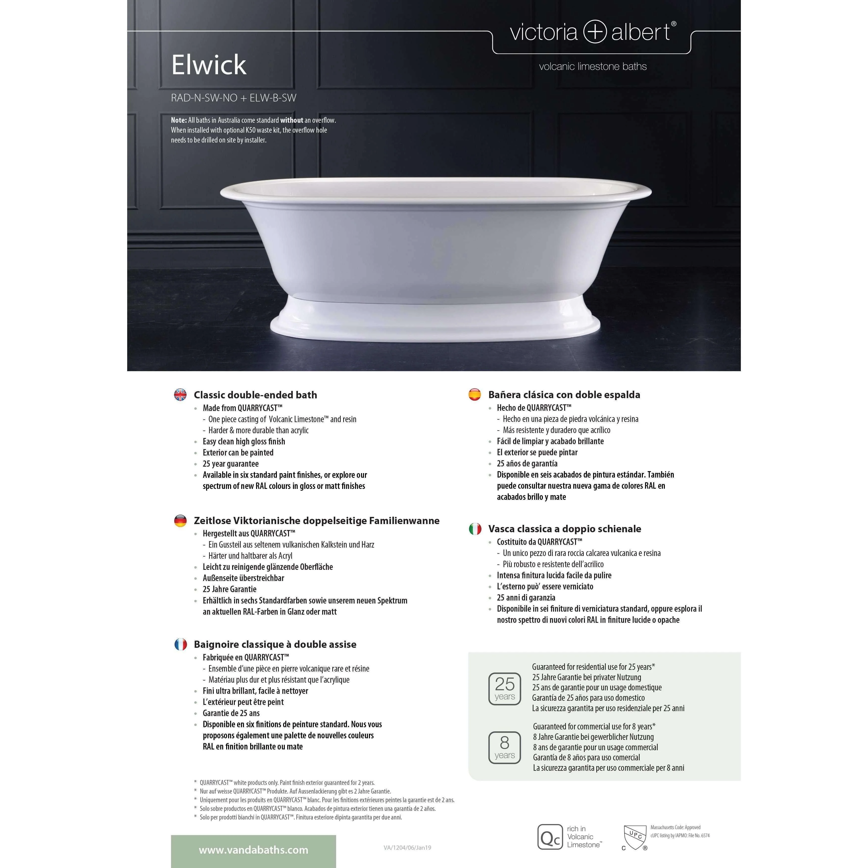 V+A Elwick Freestanding Bath Quarrycast White 1902mm - Image 5
