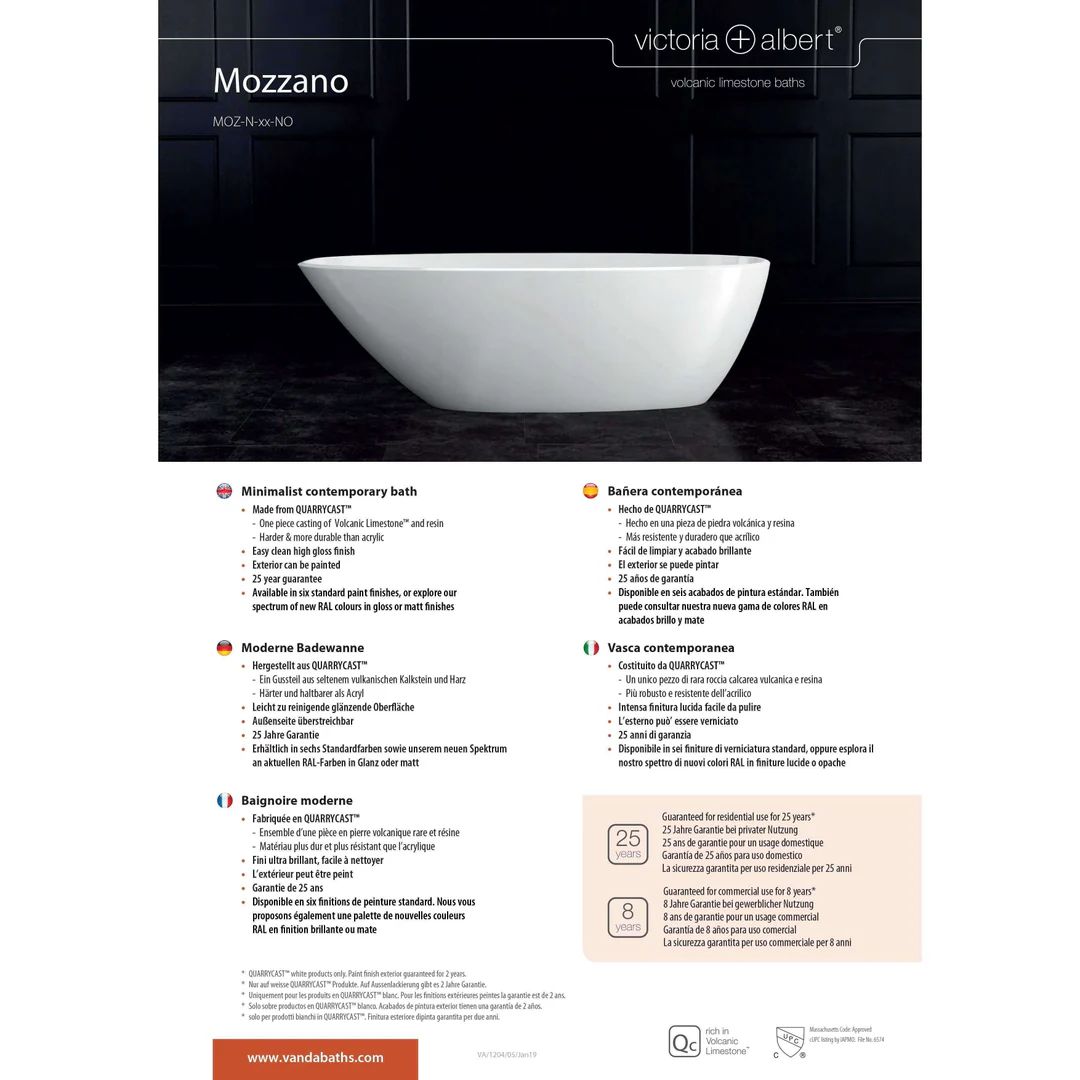 V+A Mozzano Freestanding Bath No Overflow Quarrycast White 1645mm - Image 4