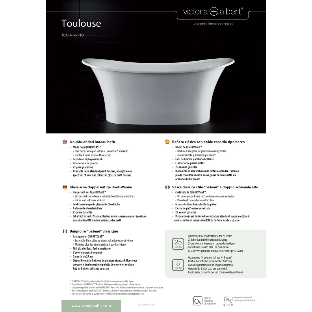 V+A Toulouse Freestanding Bateau Bath No Overflow Quarrycast White 1800mm - Image 4