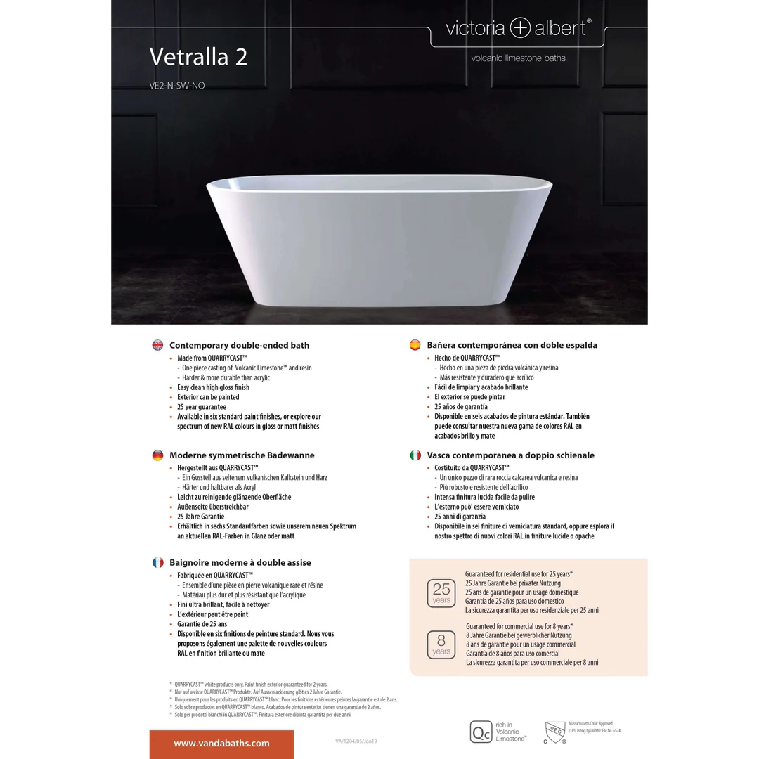 V+A Vetralla 2 Freestanding Bath No Overflow Quarrycast White 1650mm - Image 4