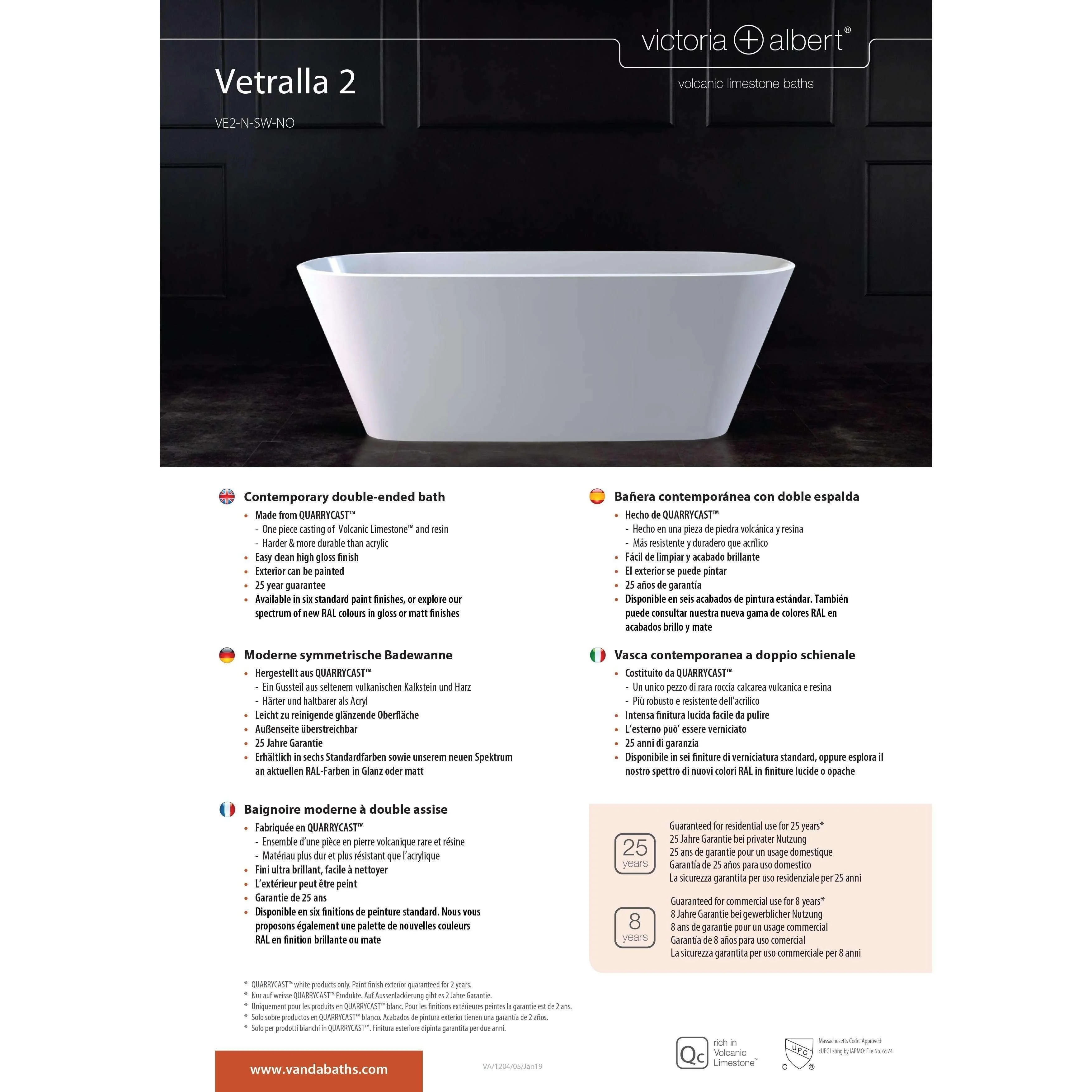 V+A Vetralla 2 Freestanding Bath No Overflow Quarrycast White 1650mm - Image 5