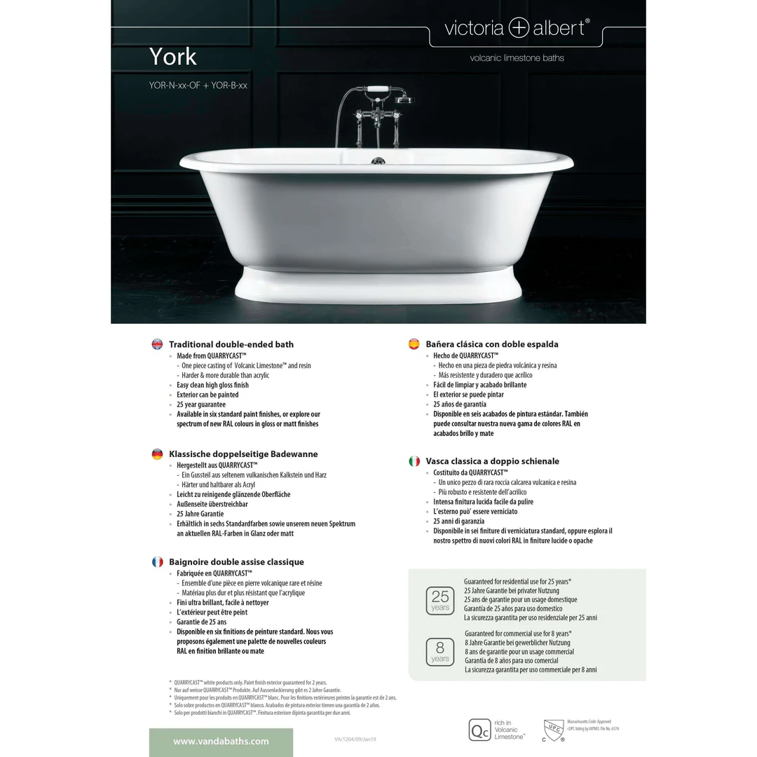 V+A York Freestanding Bath Quarrycast White 1741mm - Image 4