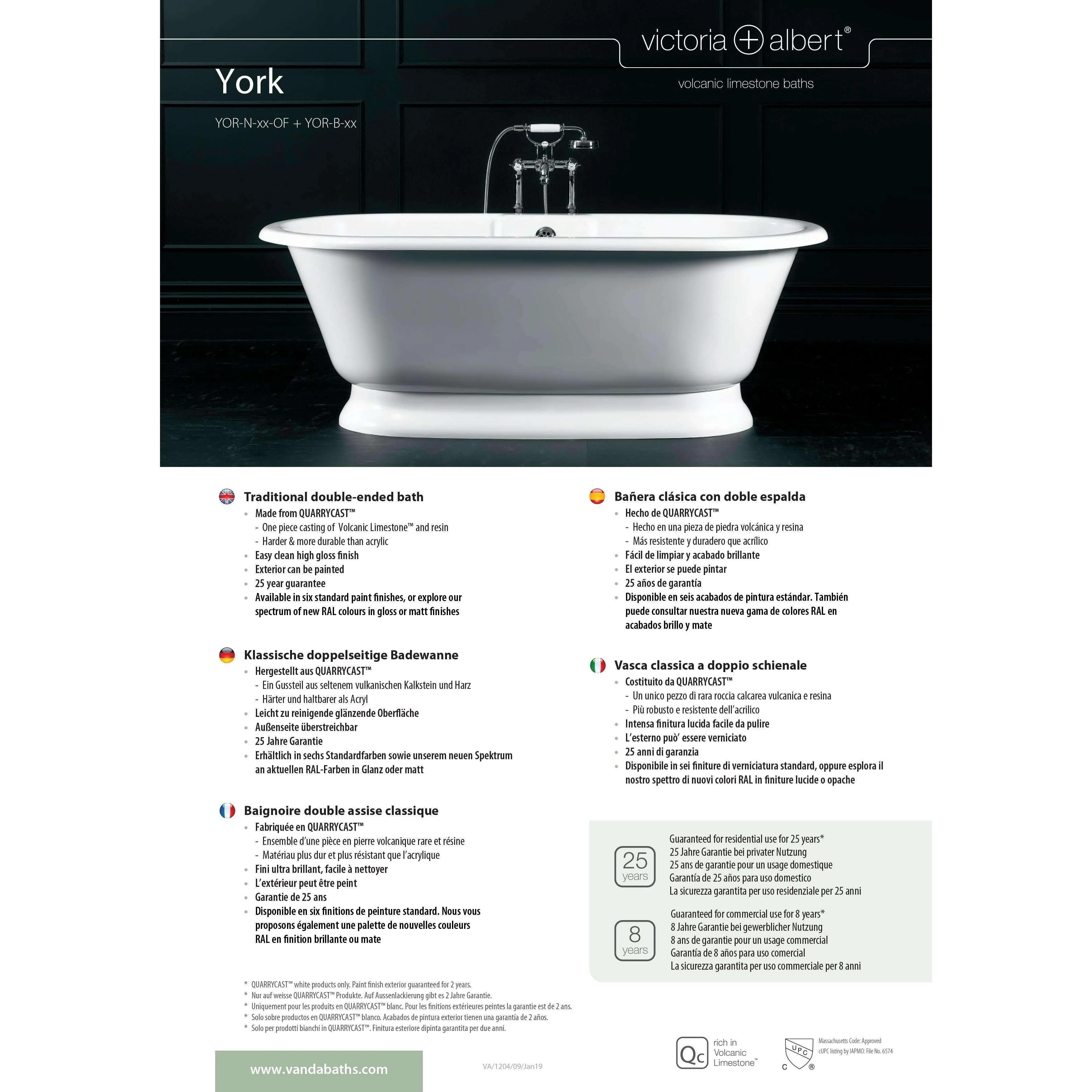 V+A York Freestanding Bath Quarrycast White 1741mm - Image 5