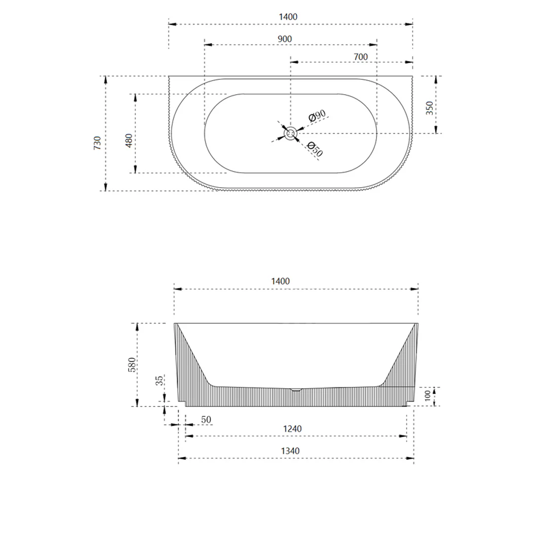 VGroove Round Back To Wall Bath Matte White 1400mm - Image 3