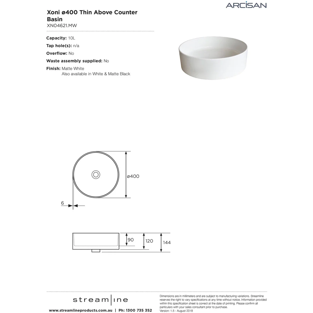Streamline Arcisan Xoni 40 Dia Thin Round Above Counter Basin - Matt White - Image 4