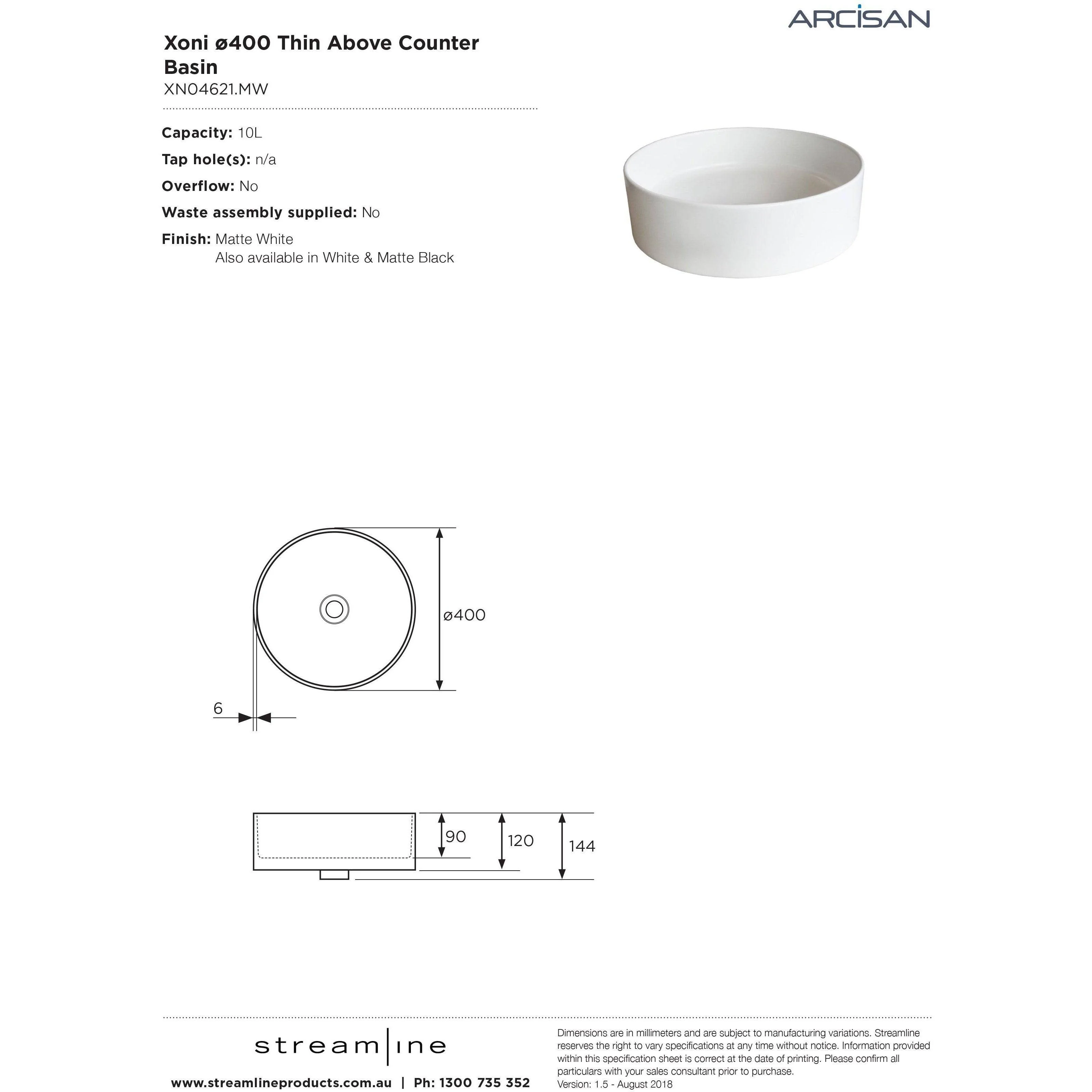 Streamline Arcisan Xoni 40 Dia Thin Round Above Counter Basin - Matt White - Image 5