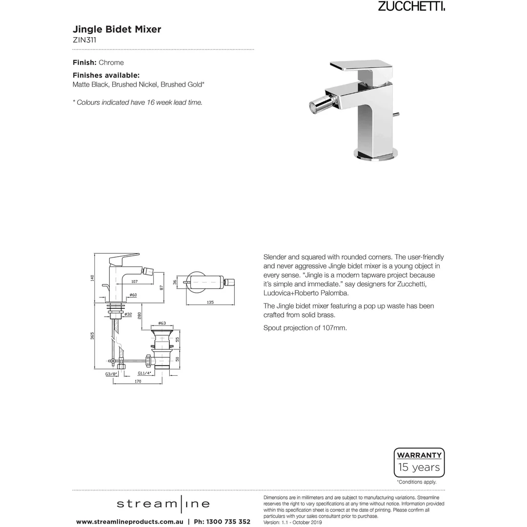 Zucchetti Jingle Bidet Mixer C/W Waste Chrome - Image 4