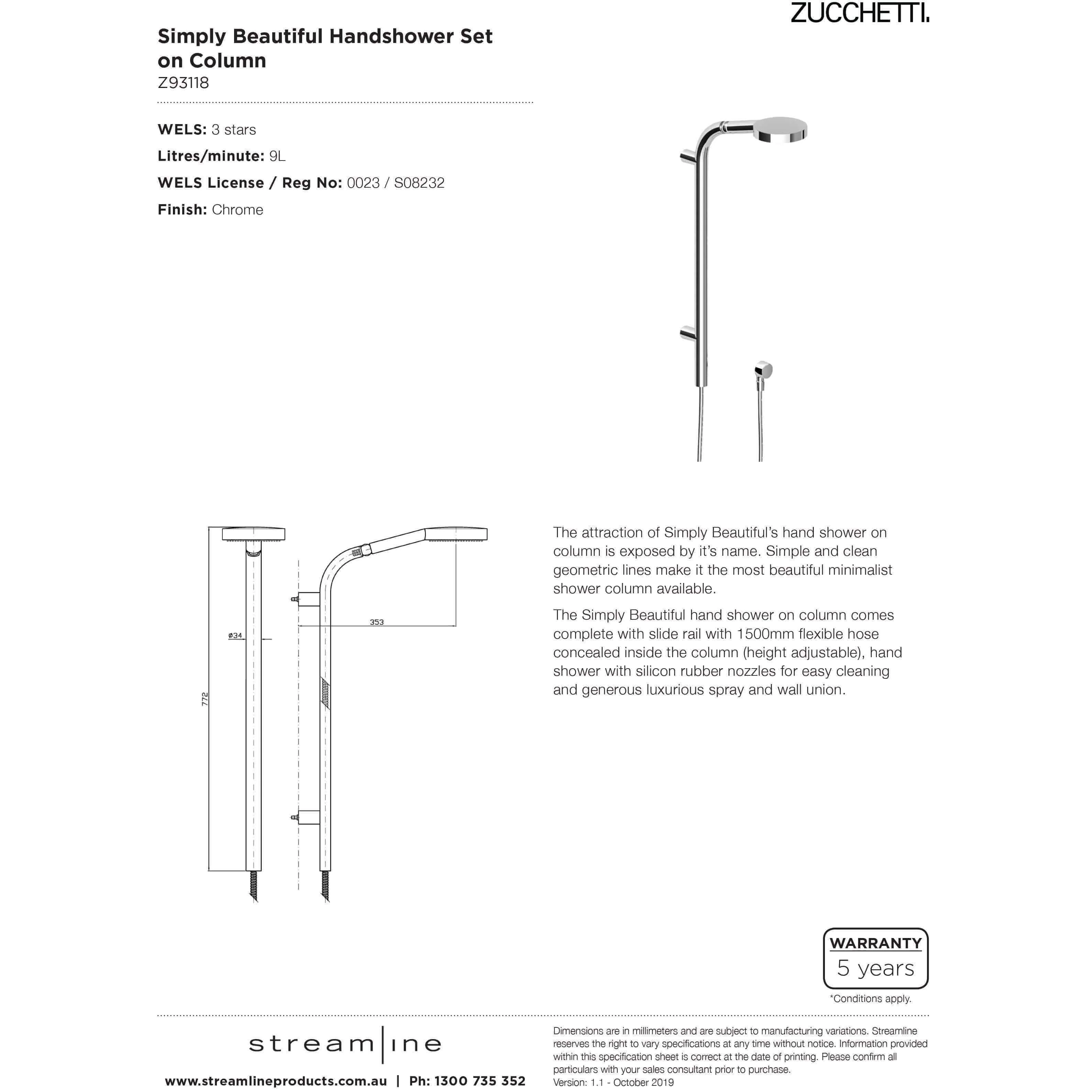 Zucchetti Simply Handshower Set On Column Chrome - Image 5